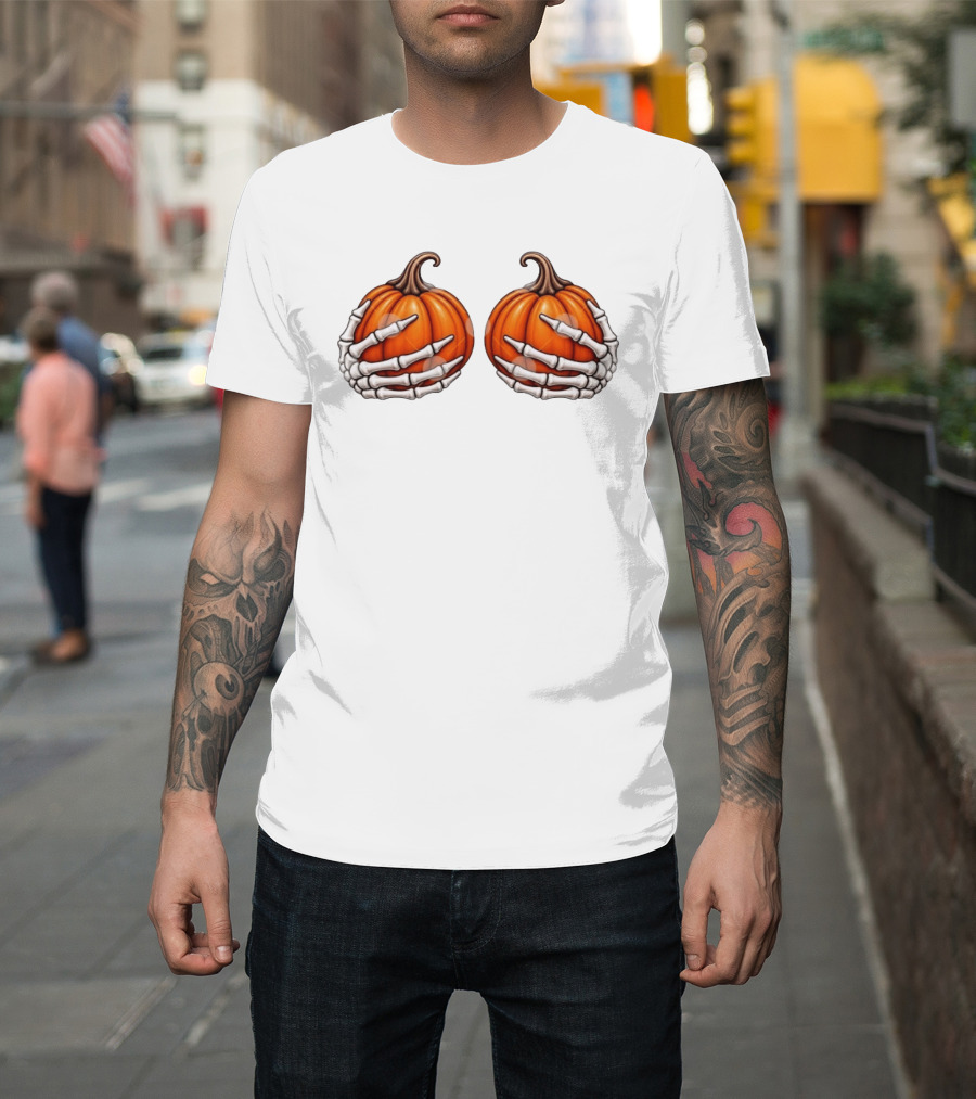 Skeleton Hands Holding Pumpkins Halloween Scary Realistic T-Shirt