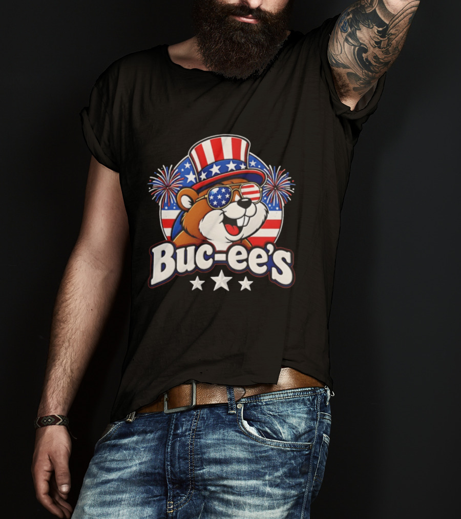 Buc Ee's Patriotic Beaver Fireworks Hat And Sunglasses Celebration T-Shirt