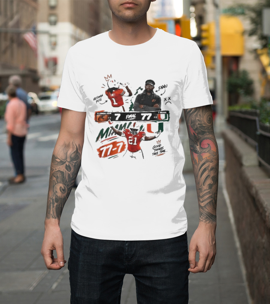 Miami 77 Final Florida A&M 7 College Football Game Highlights T-Shirt