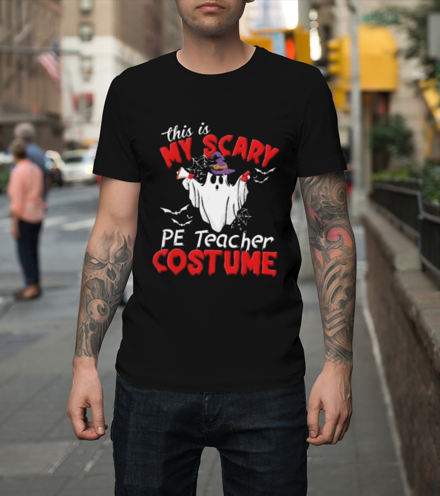 Scary PE Teacher Costume Ghost Witch Hat Whistle Megaphone Halloween T-Shirt