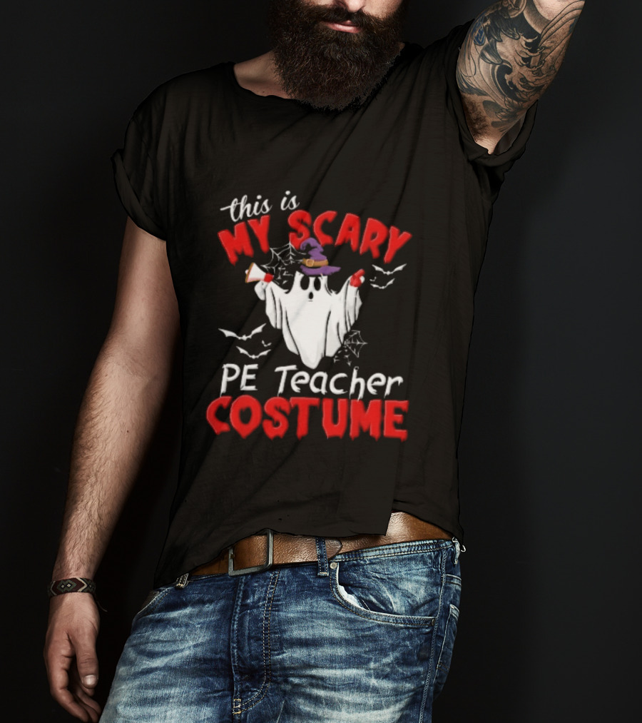 Scary PE Teacher Costume Ghost Witch Hat Whistle Megaphone Halloween T-Shirt