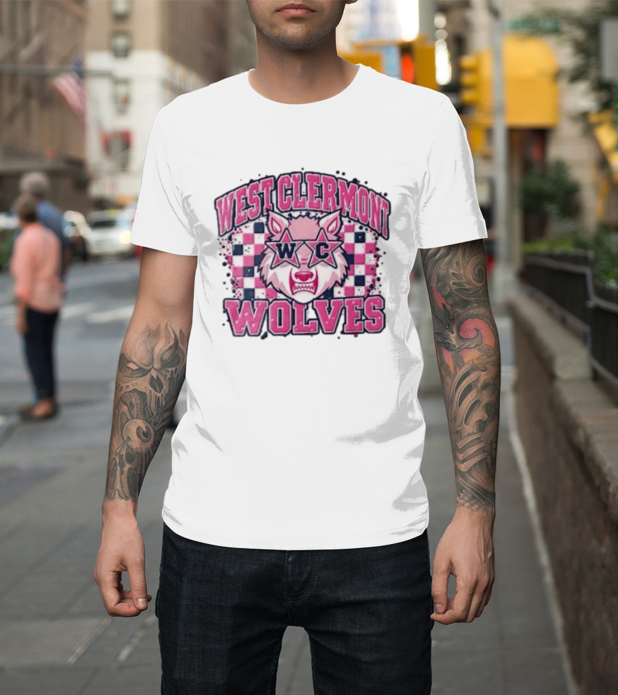West Clermont Wolves WC Pink Star Sunglasses Checkered T-Shirt