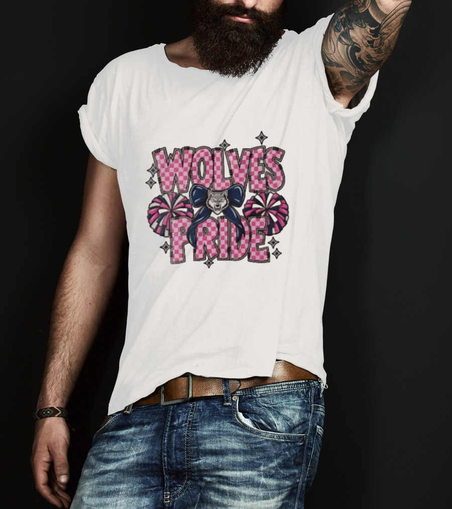 Wolves Pride Pink Checkered Cheerleading Pompoms And Wolf Bow T-Shirt