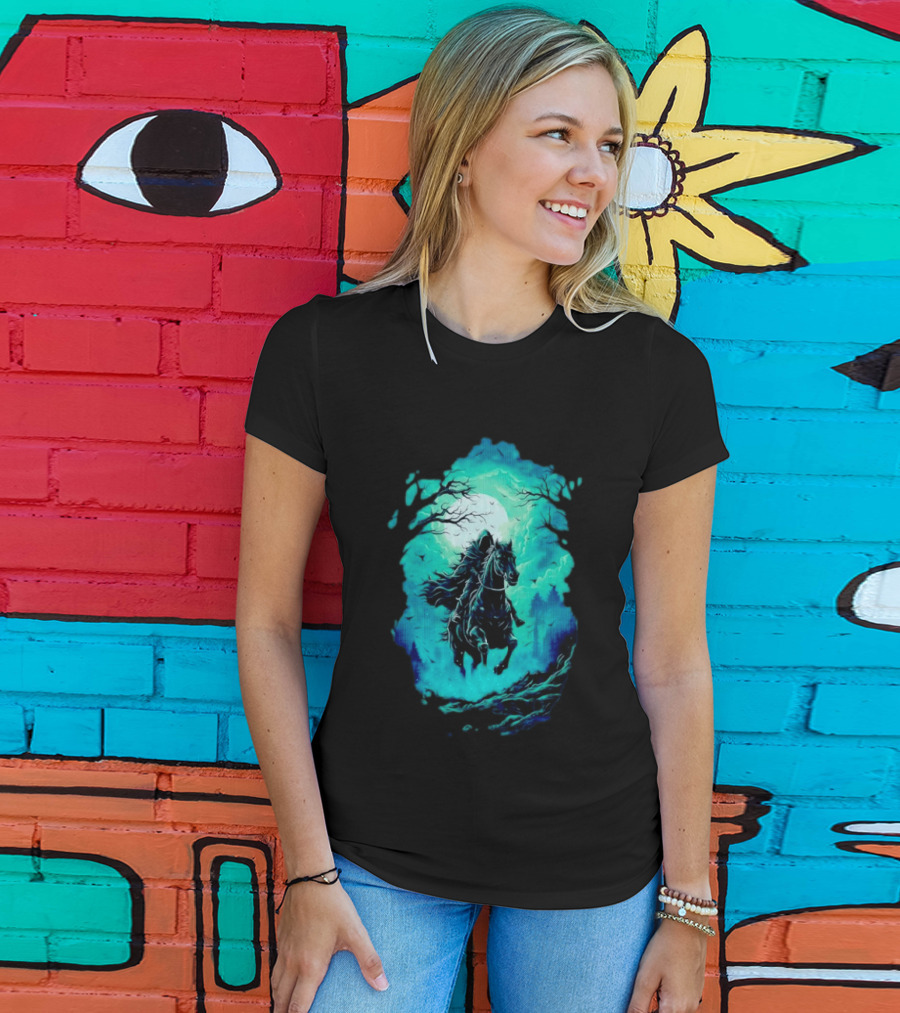 Headless Horseman Eerie Night Ride Through Spooky Forest T-Shirt