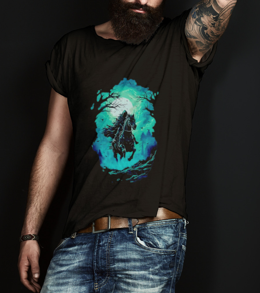 Headless Horseman Eerie Night Ride Through Spooky Forest T-Shirt