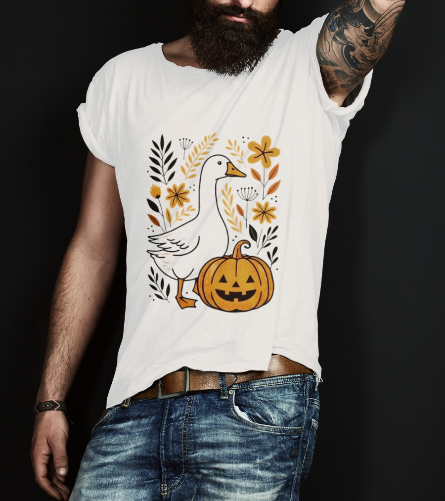 Pumpkin Jack O Lantern Goose Fall Farmhouse Floral Halloween T-Shirt