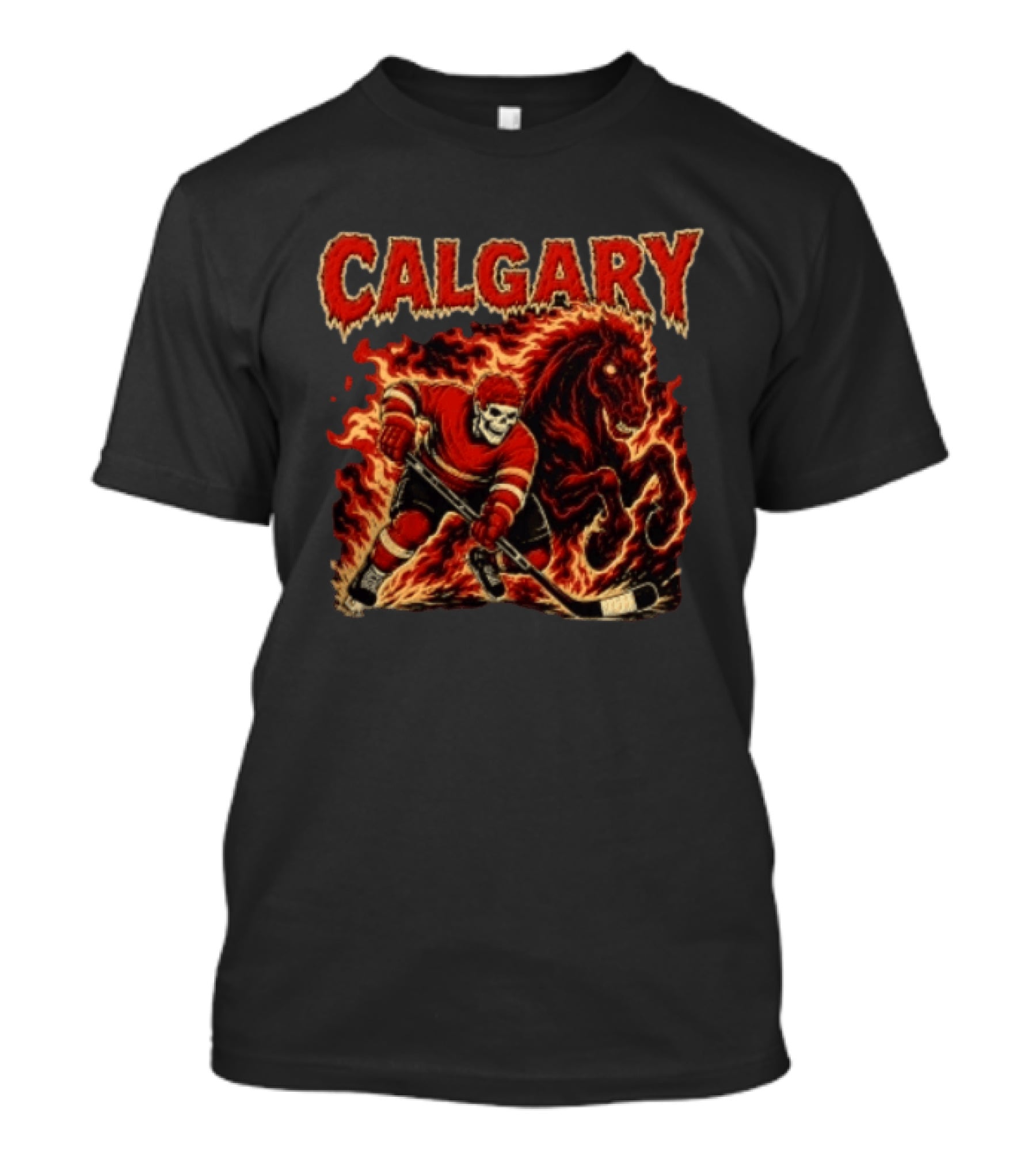 Calgary Flames Skeleton Hockey Player With Fiery Horse T-Shirt