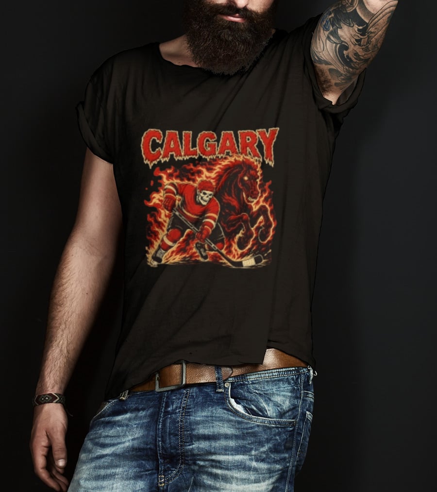 Calgary Flames Skeleton Hockey Player With Fiery Horse T-Shirt