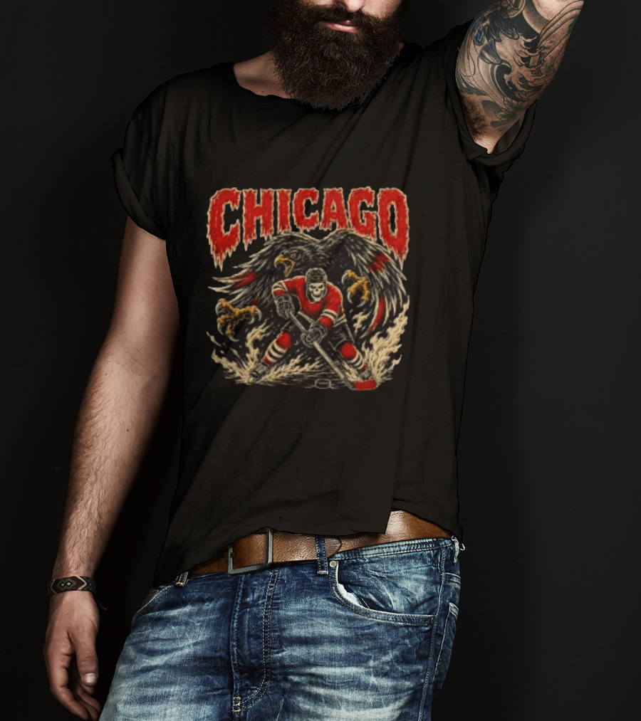 Chicago Blackhawks Skeleton Hockey Player With Hawk Wings T-Shirt