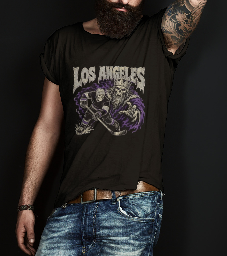 Los Angeles Kings Skeleton Hockey Player With Crowned King In Purple Cloak T-Shirt
