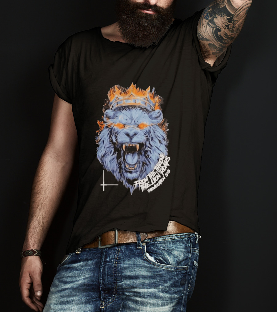 From The Throne The Lion Roars Revelation 5 5 Blue Flame Crown Lionhead T-Shirt