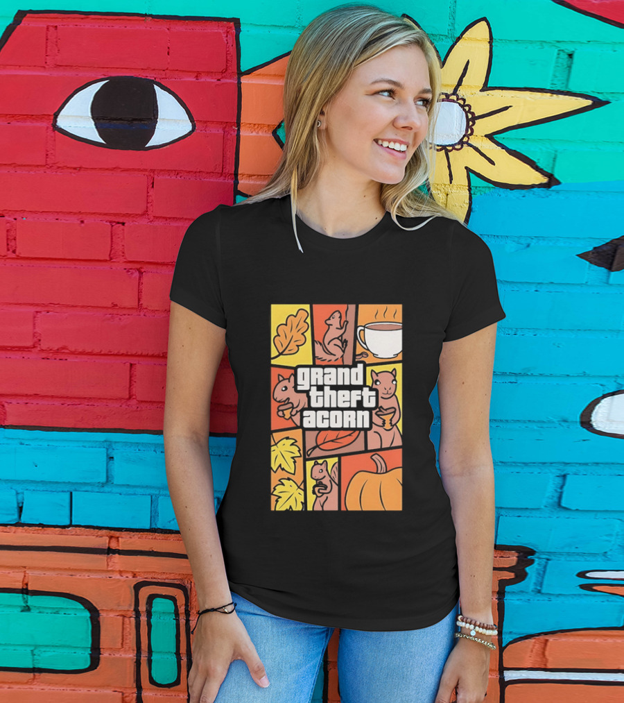 Grand Theft Acorn Autumn Squirrel Coffee Pumpkin Leaves T-Shirt
