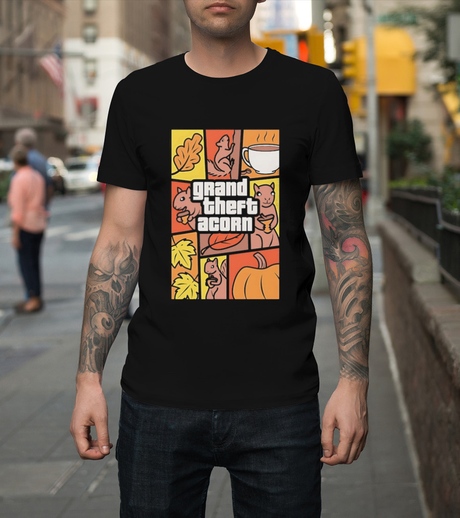 Grand Theft Acorn Autumn Squirrel Coffee Pumpkin Leaves T-Shirt