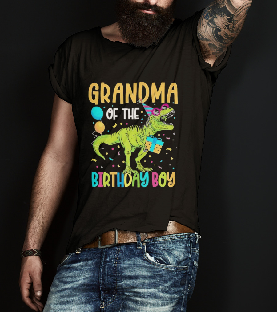 Grandma Of The Birthday Boy Dinosaur Party Balloons And Gift Celebration T-Shirt