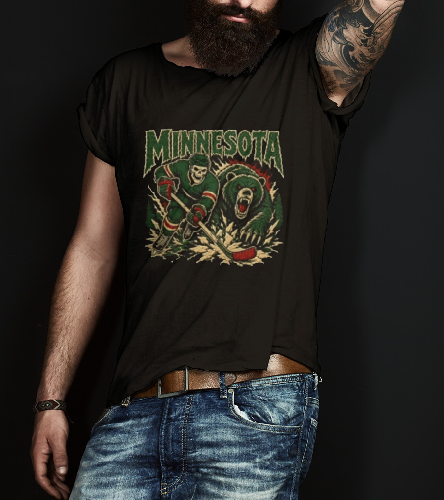 Minnesota Hockey Skeleton With Bear T-Shirt