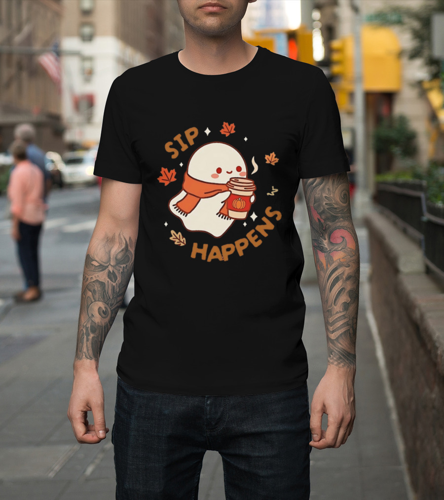 Sip Happens Ghost Pumpkin Spice Latte With Leaves And Scarf T-Shirt