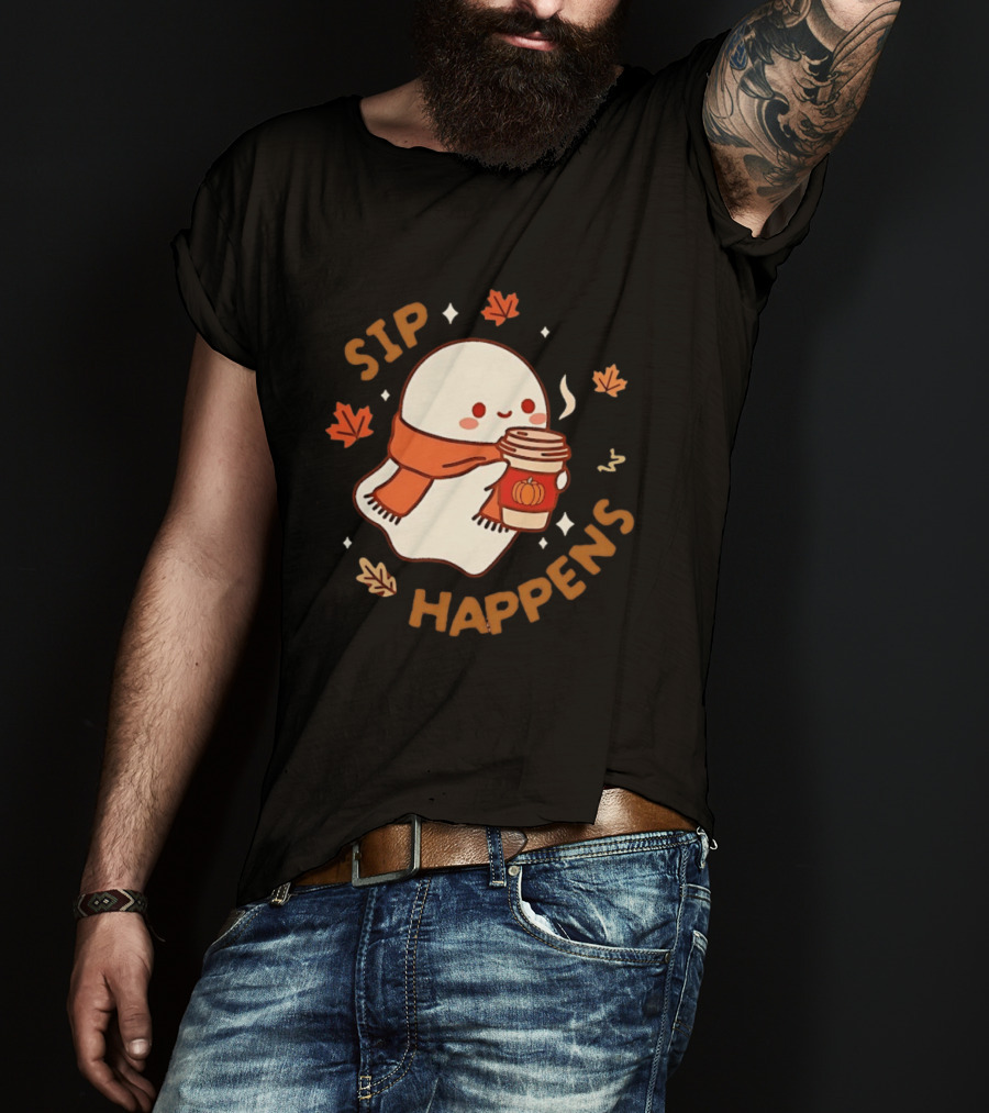 Sip Happens Ghost Pumpkin Spice Latte With Leaves And Scarf T-Shirt