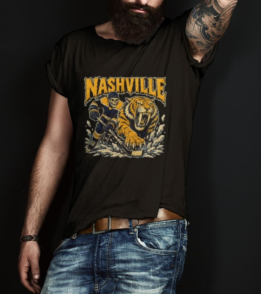 Nashville Hockey Skeleton Player With Fierce Tiger T-Shirt