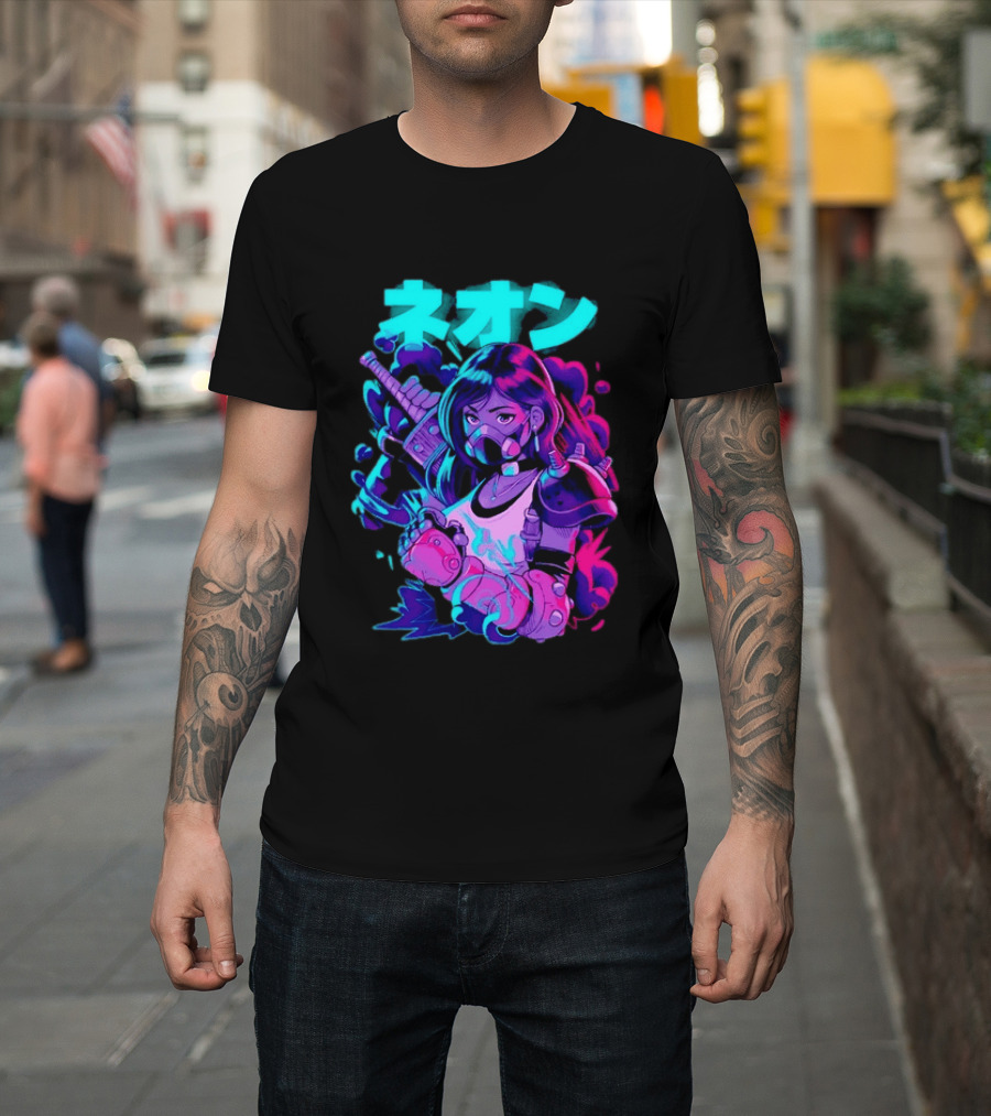 Neon Cyberpunk Anime Warrior Girl Futuristic Vaporwave Aesthetic T-Shirt