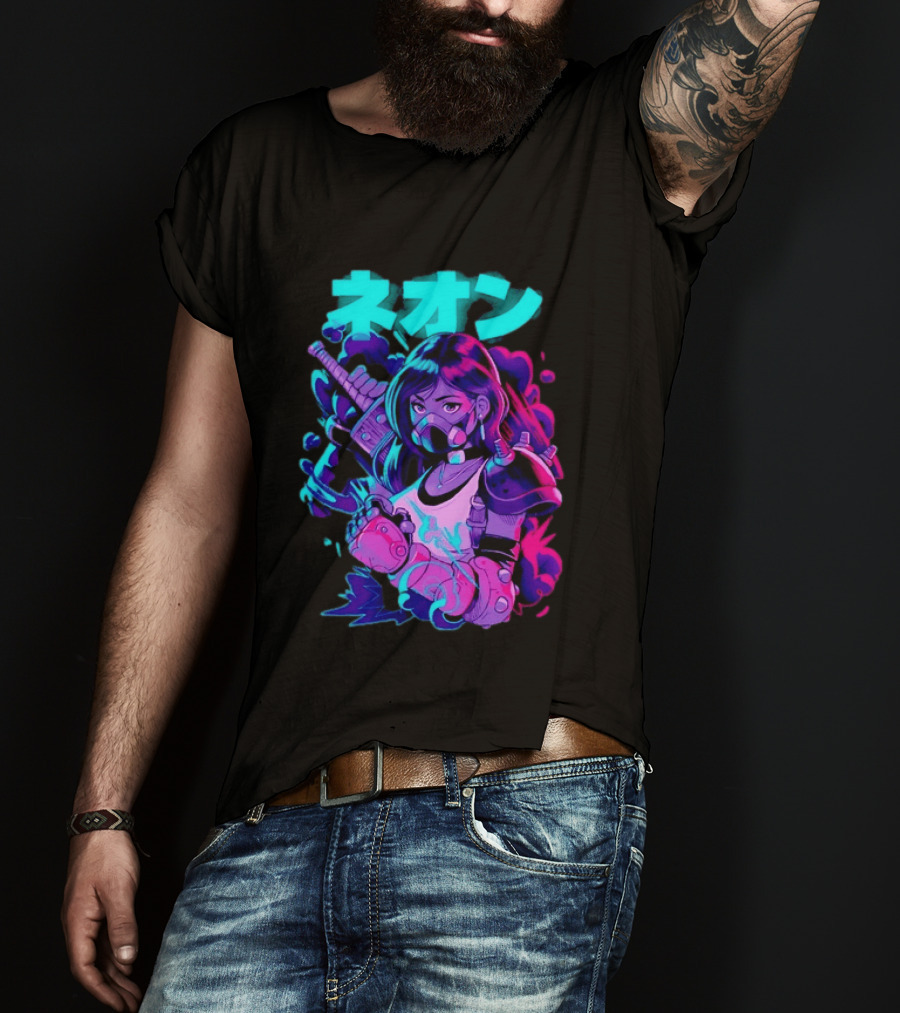 Neon Cyberpunk Anime Warrior Girl Futuristic Vaporwave Aesthetic T-Shirt