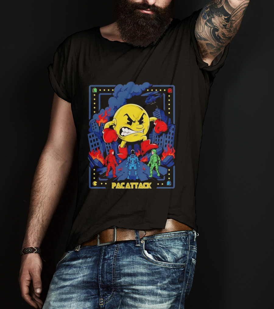 Pac Attack City Destruction Video Game Icon Battle Scene T-Shirt