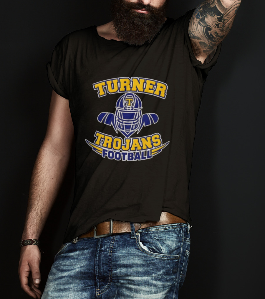 Turner Trojans Football Yellow Navy Helmet Shoulder Pads Gridiron T-Shirt