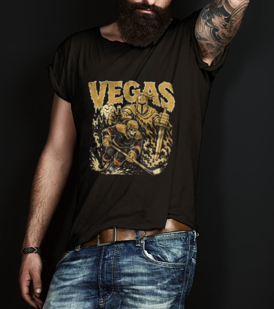 Vegas Golden Knights Skeleton Hockey Player With Knight And Sword T-Shirt