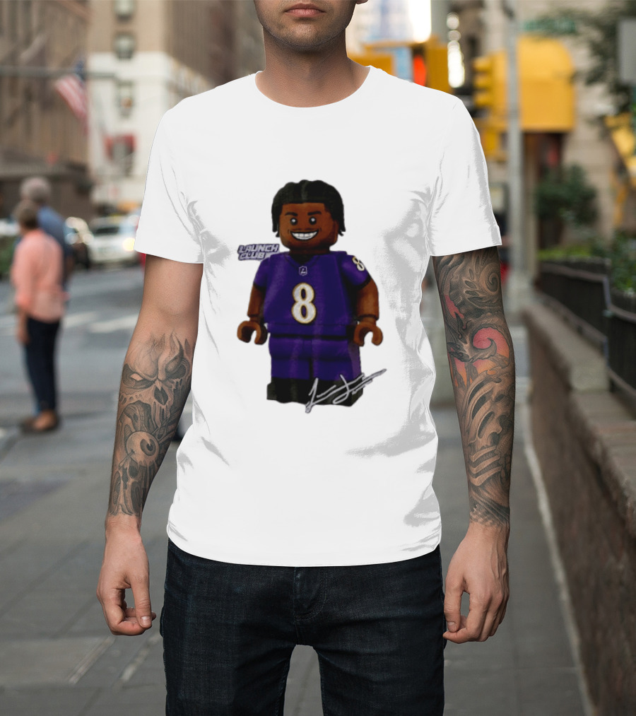 Baltimore Ravens Lamar Jackson Lego Minifigure Purple Jersey Number 8 T-Shirt