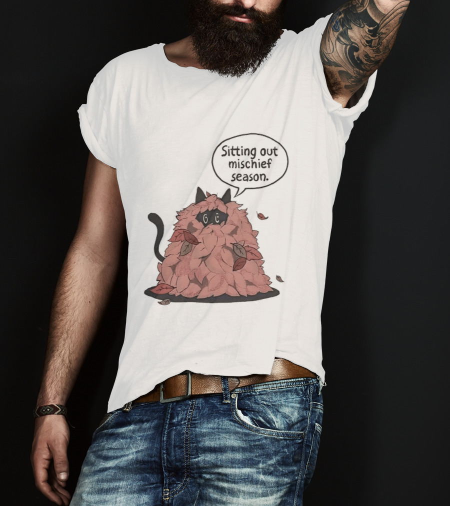 Sitting Out Mischief Season Cat Autumn Leaves T-Shirt