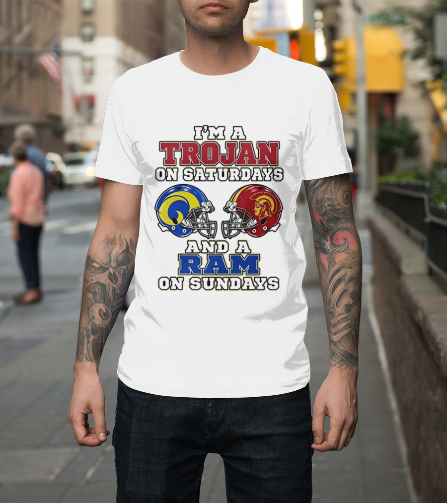 Trojan On Saturdays USC And Ram On Sundays Football Fan Helmet T-Shirt
