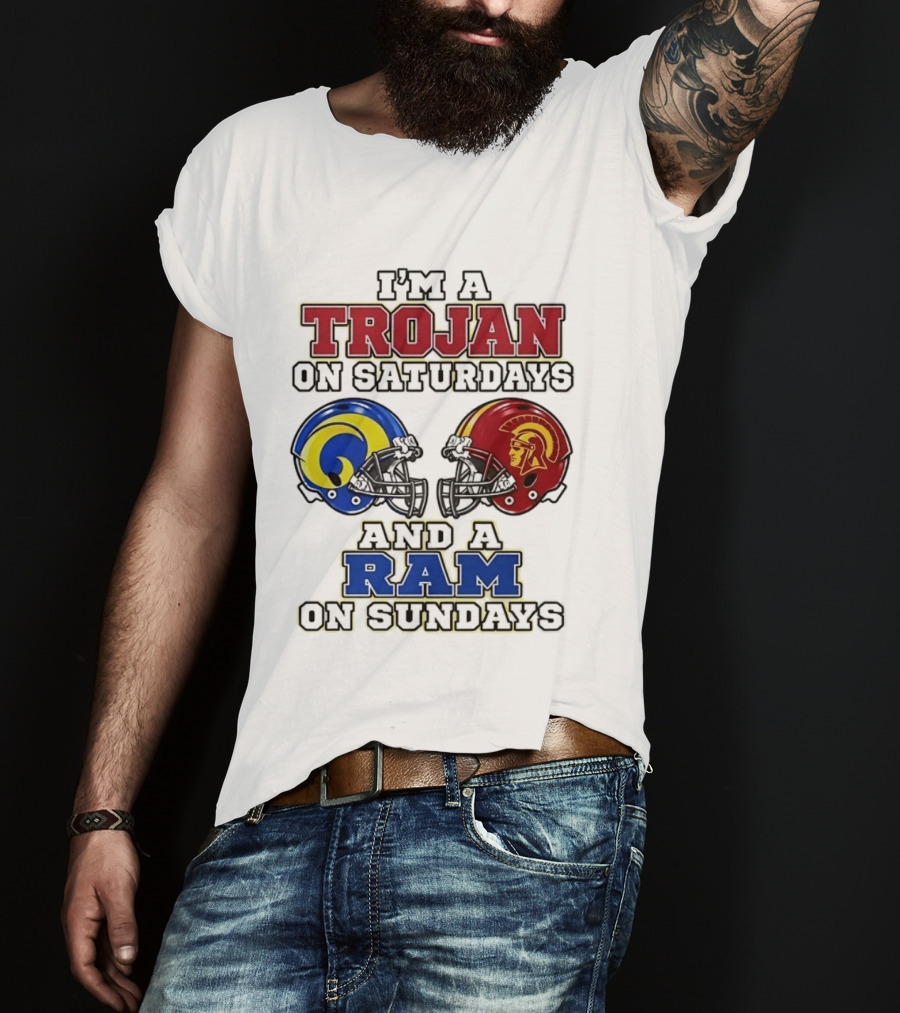 Trojan On Saturdays USC And Ram On Sundays Football Fan Helmet T-Shirt