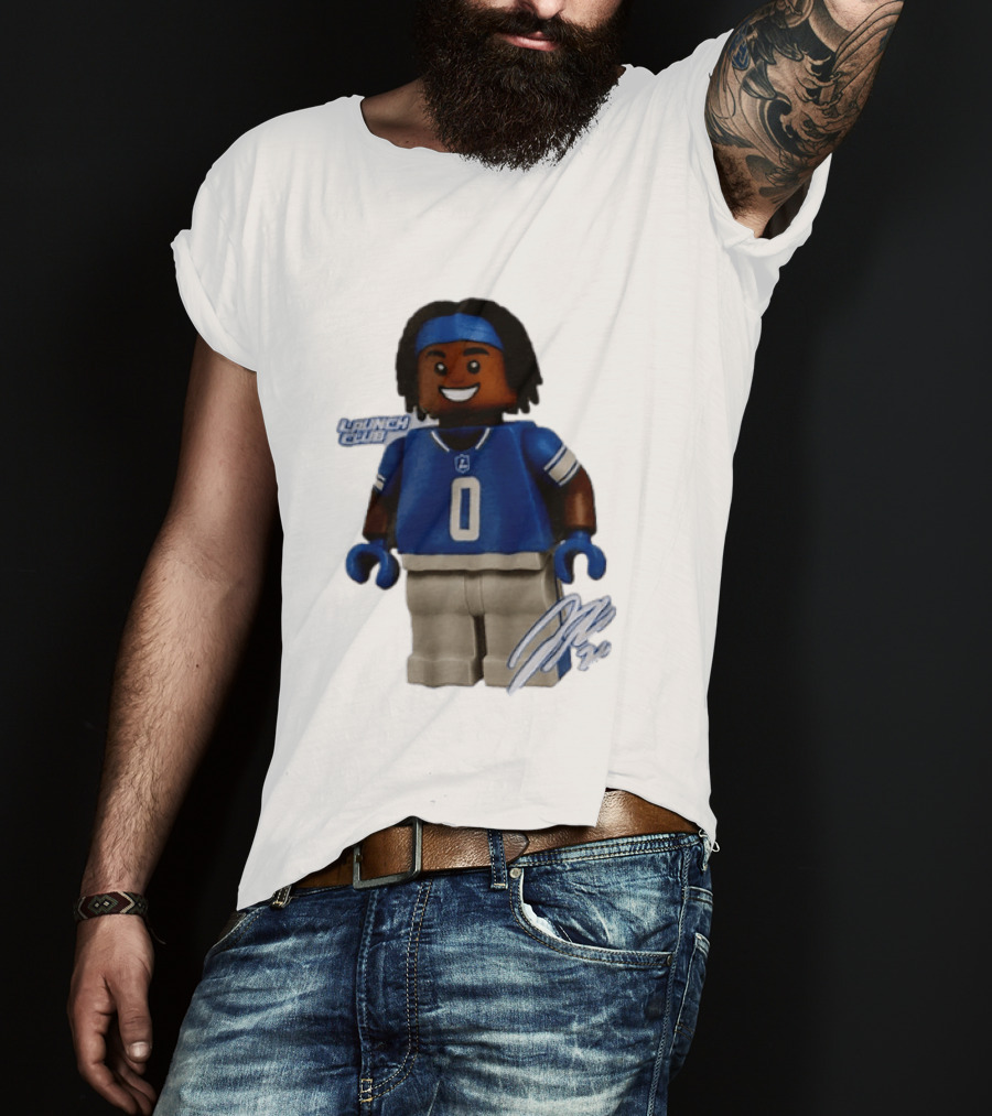 Detroit Lions Jahmyr Gibbs Lego Minifigure Launch Club Football Player T-Shirt
