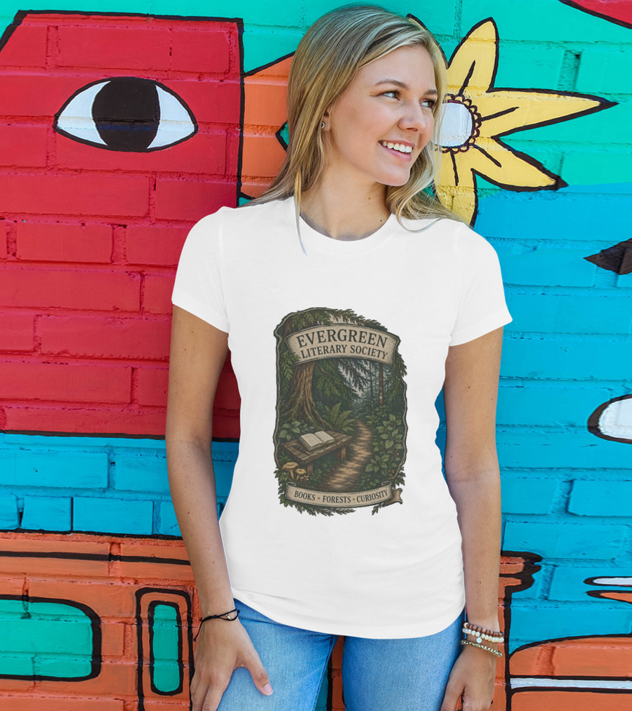 Evergreen Literary Society Books Forests Curiosity Pathway Through Trees T-Shirt
