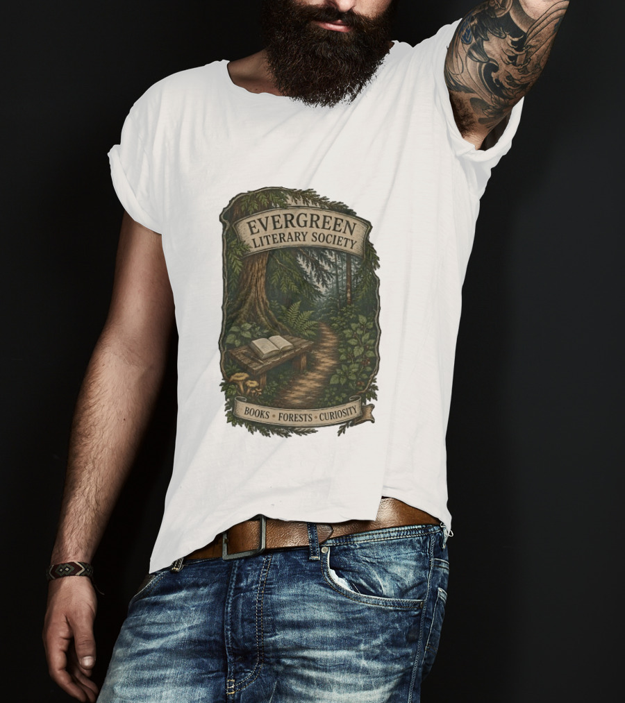 Evergreen Literary Society Books Forests Curiosity Pathway Through Trees T-Shirt