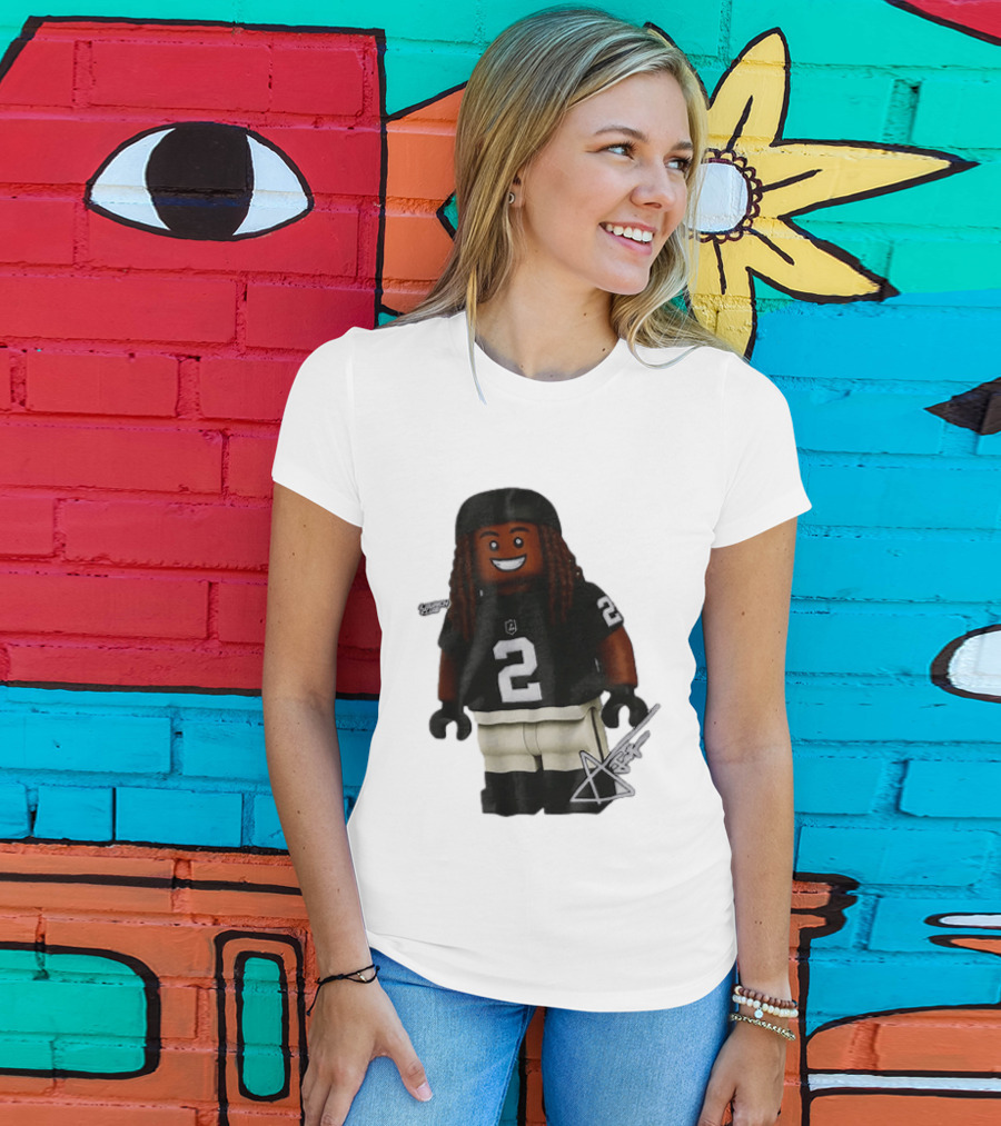 Las Vegas Raiders Running Back Ashton Jeanty 2 Lego Minifigure With Football Helmet T-Shirt