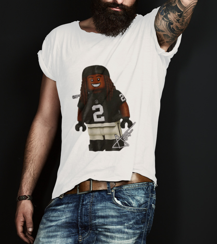 Las Vegas Raiders Running Back Ashton Jeanty 2 Lego Minifigure With Football Helmet T-Shirt