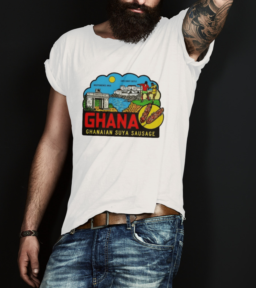 Ghana Cape Coast Castle Independence Arch Ghanaian Suya Sausage Soccer Scene T-Shirt