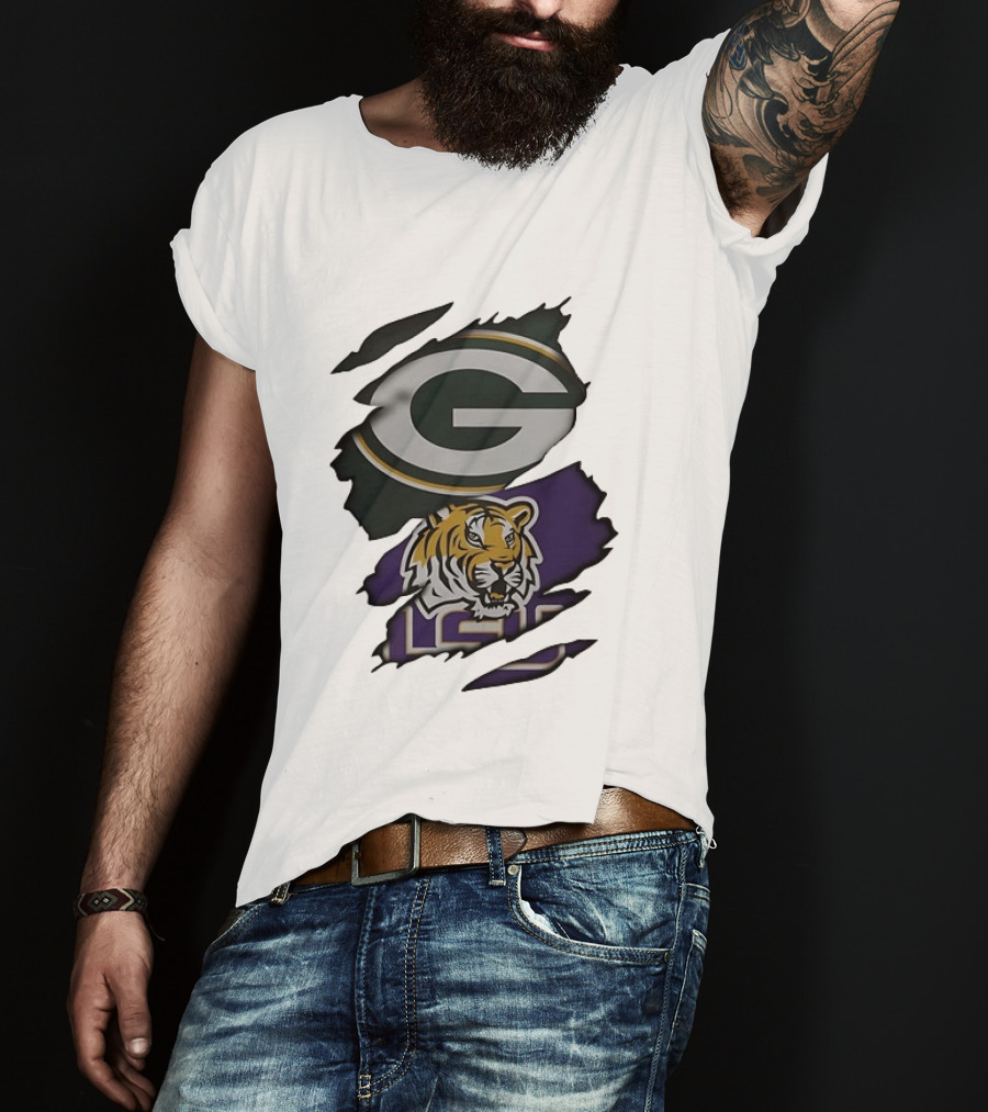 Green Bay Packers G Logo And LSU Tigers Purple And Gold Torn Fabric T-Shirt