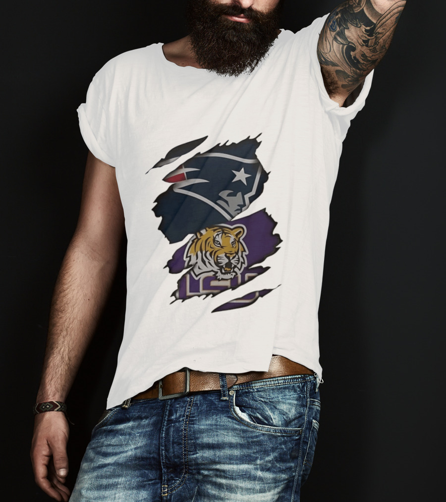 New England Patriots LSU Tigers Torn Fabric Tiger And Patriot Head Logos T-Shirt