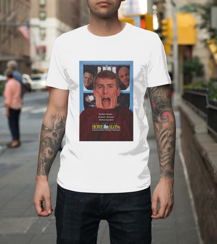 Home Alone But Don't Worry He Cooks He Cleans He Kicks Some Butt John Hughes Movie Kevin McCallister T-Shirt