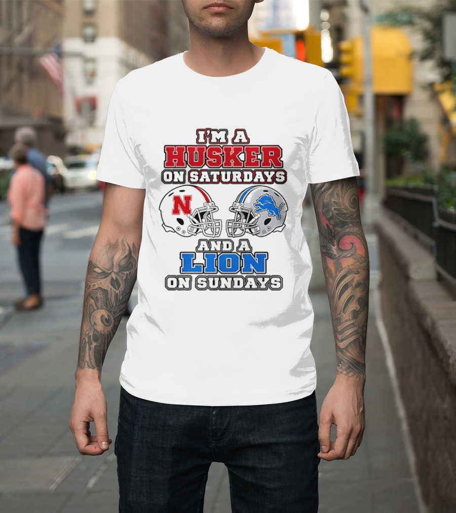 Husker On Saturdays And Lion On Sundays Football Helmets T-Shirt