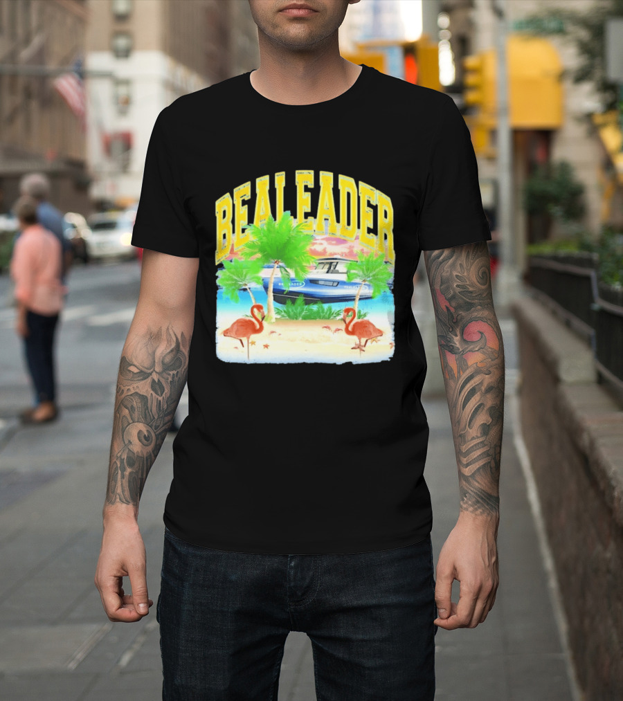 Bealeader Tropical Beach Scene With Palm Trees, Boat, And Flamingos T-Shirt