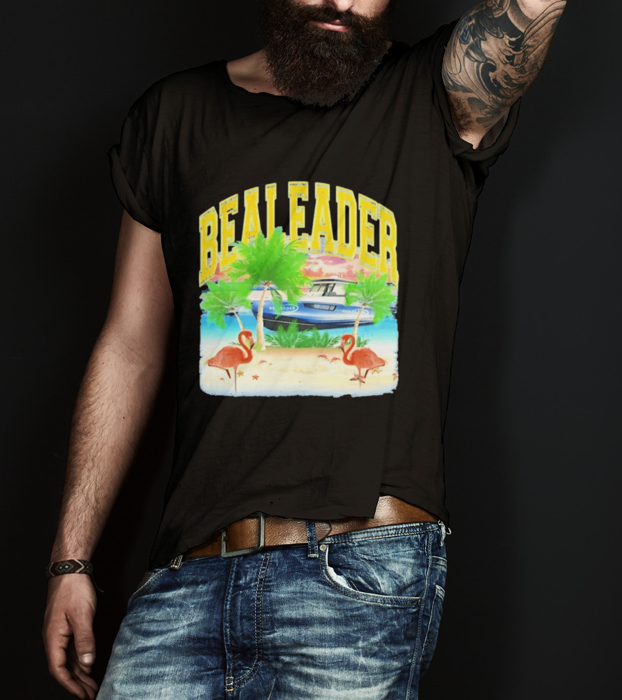 Bealeader Tropical Beach Scene With Palm Trees, Boat, And Flamingos T-Shirt