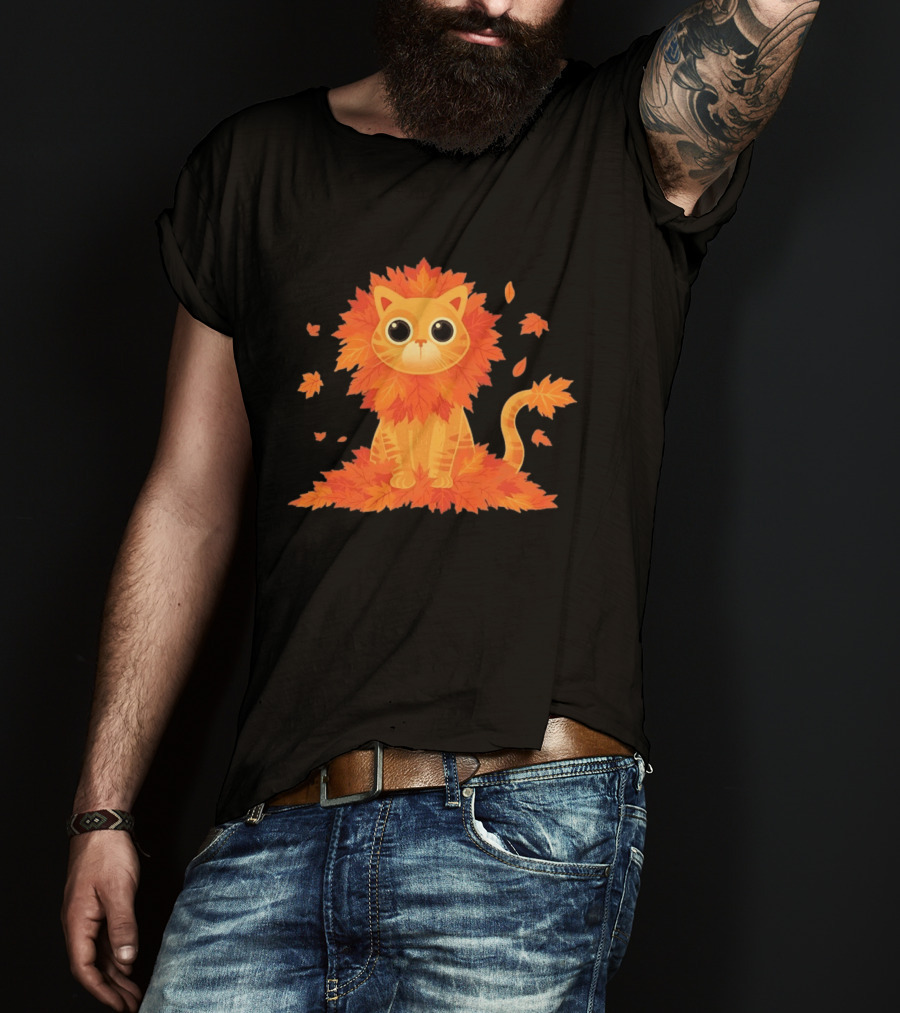 Cat With Autumn Leaves Mane Fall Lion Cozy Cute Kitty T-Shirt