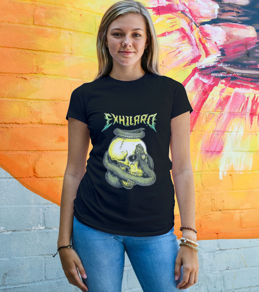 Exhilaro Venomous Serpent Coiled Around Yellow Human Skull T-Shirt