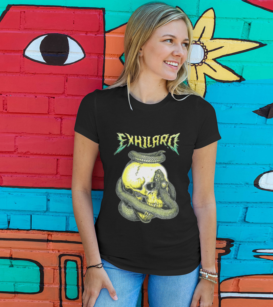 Exhilaro Venomous Serpent Coiled Around Yellow Human Skull T-Shirt