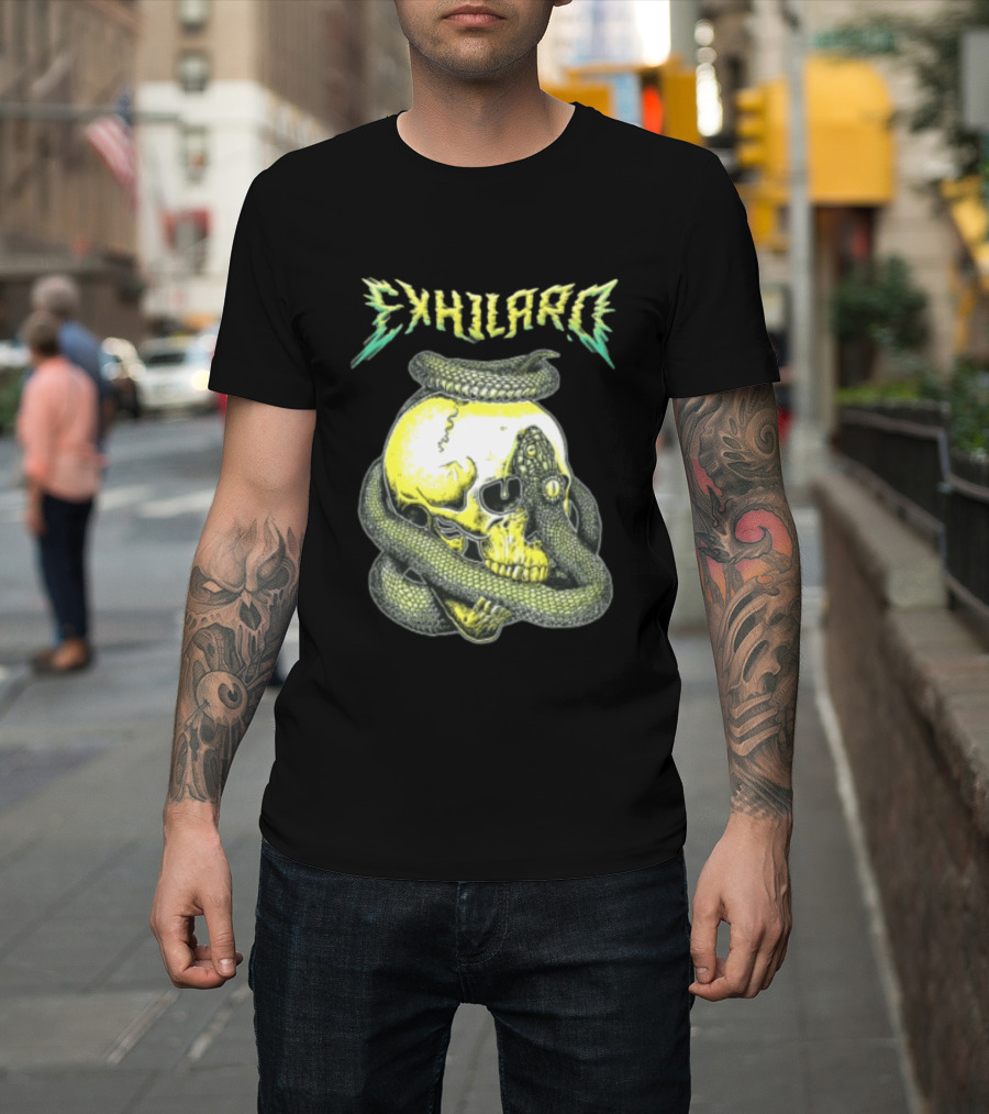 Exhilaro Venomous Serpent Coiled Around Yellow Human Skull T-Shirt