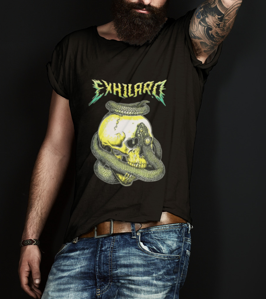 Exhilaro Venomous Serpent Coiled Around Yellow Human Skull T-Shirt