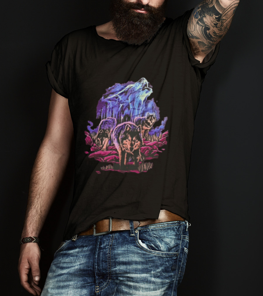 Odm San Diego 2000 Three Wolves Howling Celestial Northern Lights Woods T-Shirt