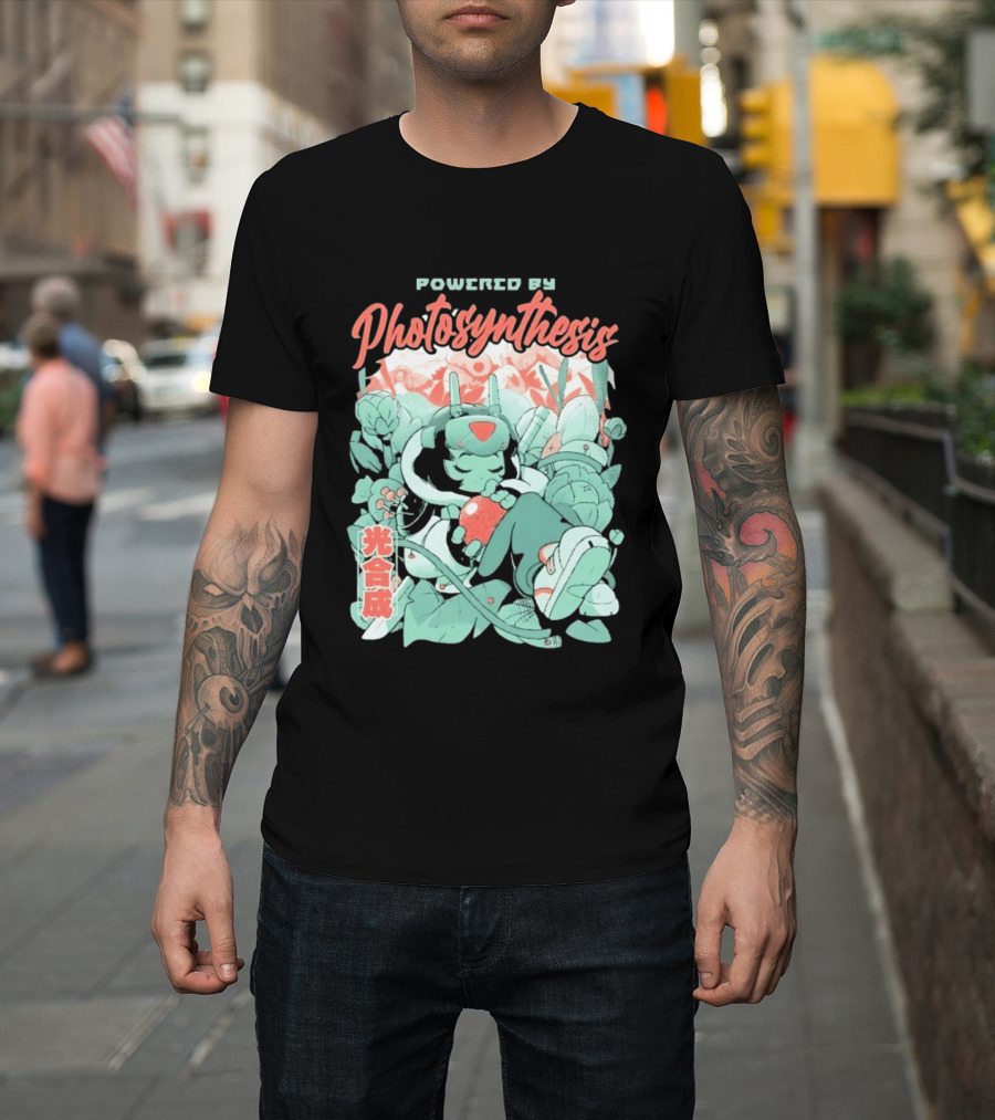 Powered By Photosynthesis Anime Kanji Characters And Cute Green Robot T-Shirt